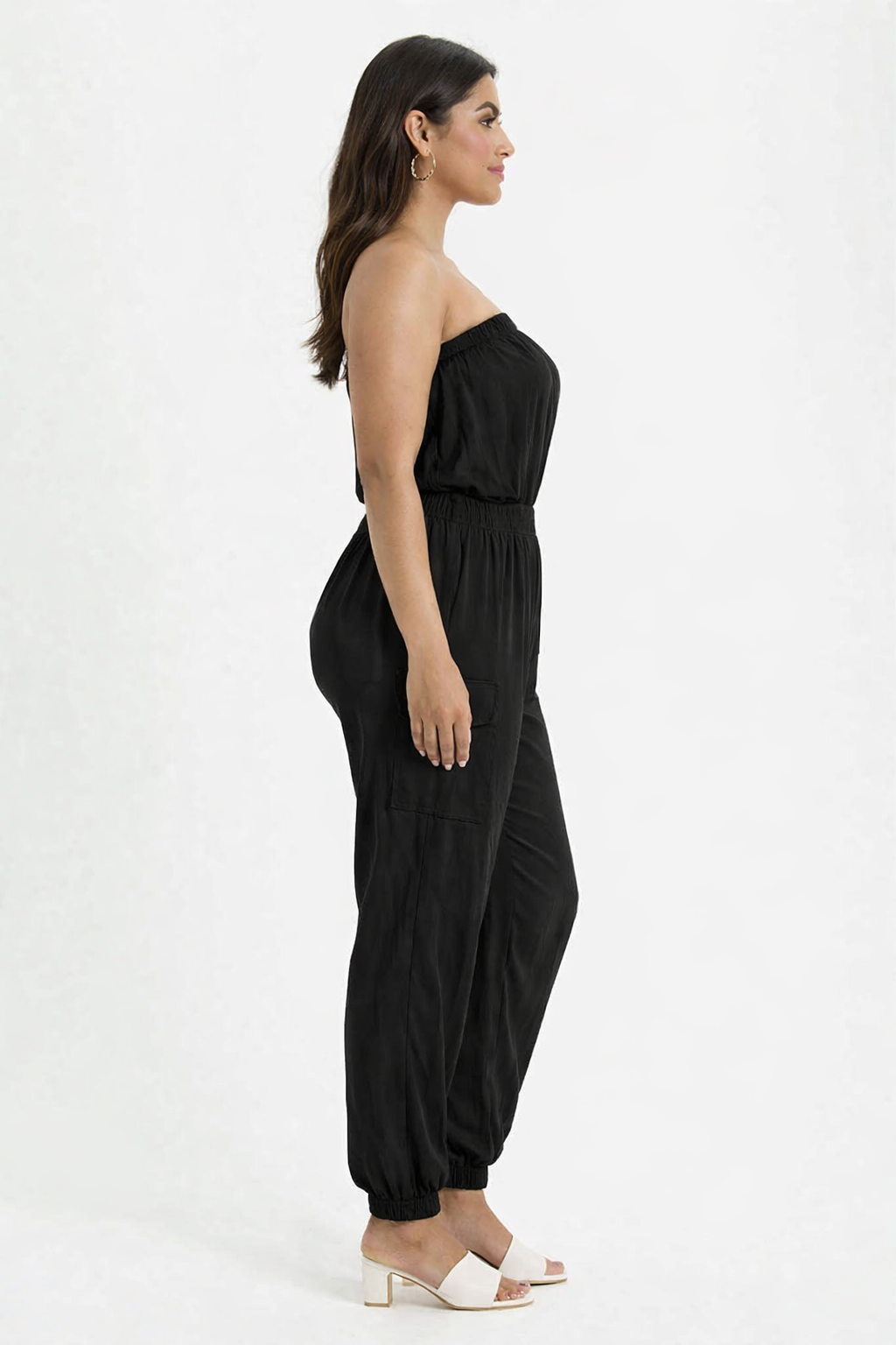 Solid Black Tube Jumpsuit | Strapless Elastic Waist Casual Full-Length Jumpsuit