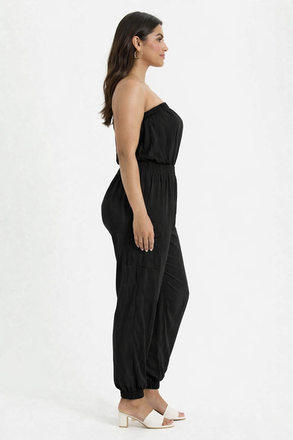Solid Black Tube Jumpsuit | Strapless Elastic Waist Casual Full-Length Jumpsuit