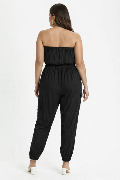 Solid Black Tube Jumpsuit | Strapless Elastic Waist Casual Full-Length Jumpsuit