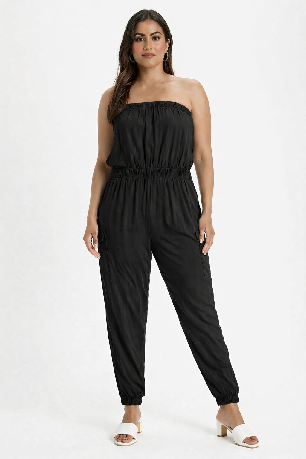 Solid Black Tube Jumpsuit | Strapless Elastic Waist Casual Full-Length Jumpsuit