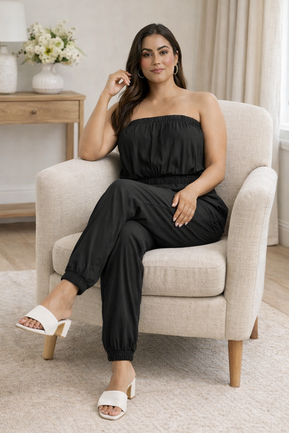 Solid Black Tube Jumpsuit | Strapless Elastic Waist Casual Full-Length Jumpsuit