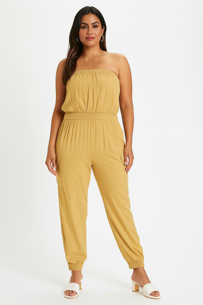 Brown Rayon Tube Jumpsuit with Pockets