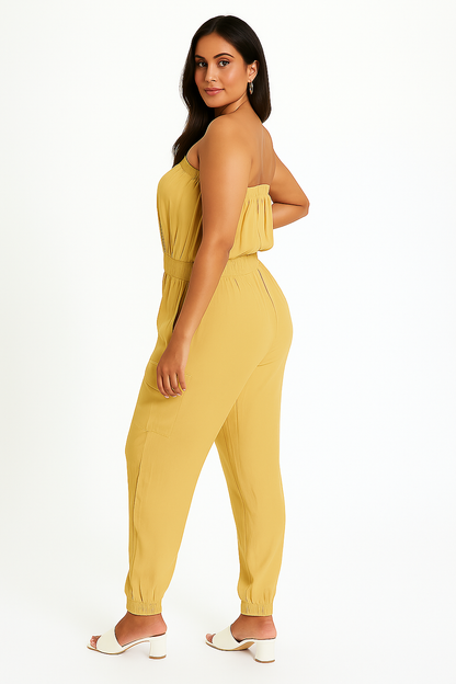 Brown Rayon Tube Jumpsuit with Pockets