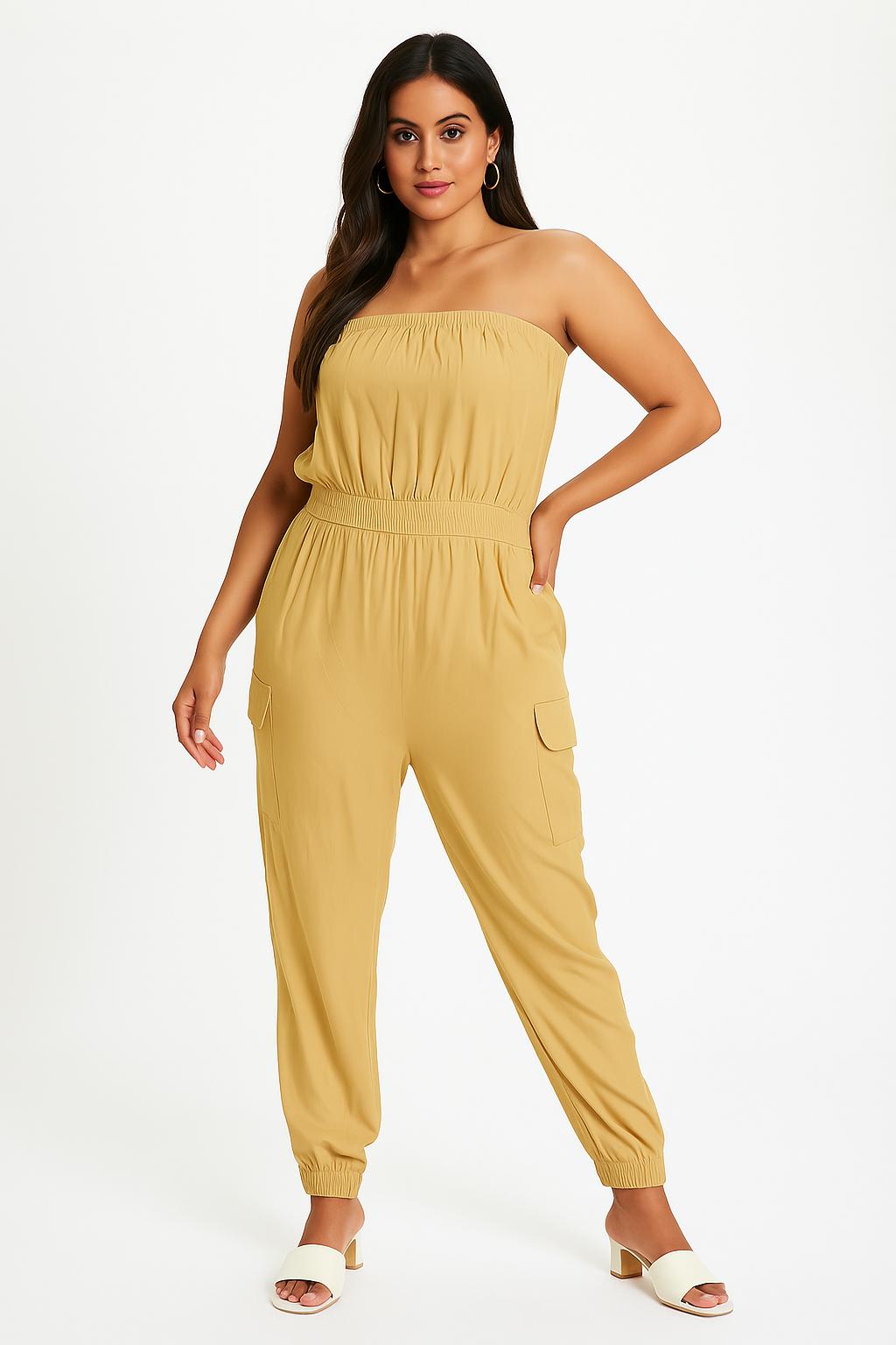 Brown Rayon Tube Jumpsuit with Pockets