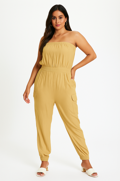 Brown Rayon Tube Jumpsuit with Pockets