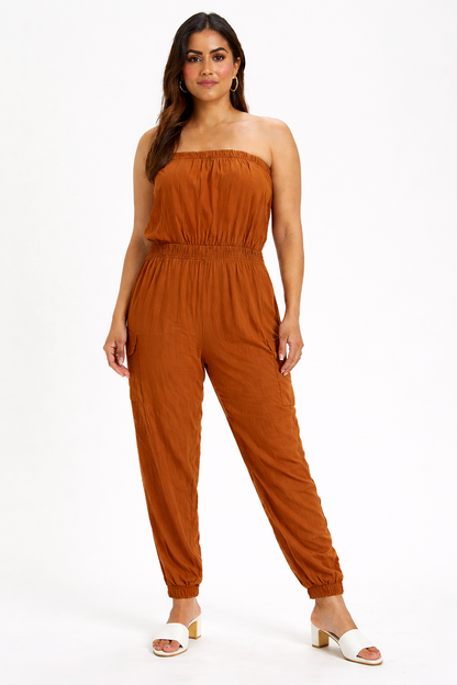 Solid Dark Brown Tube Jumpsuit | Strapless Elastic Waist Casual Full-Length Jumpsuit