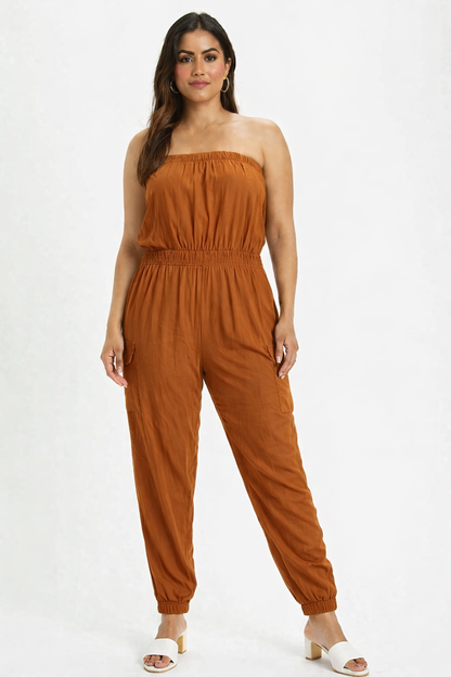 Solid Dark Brown Tube Jumpsuit | Strapless Elastic Waist Casual Full-Length Jumpsuit