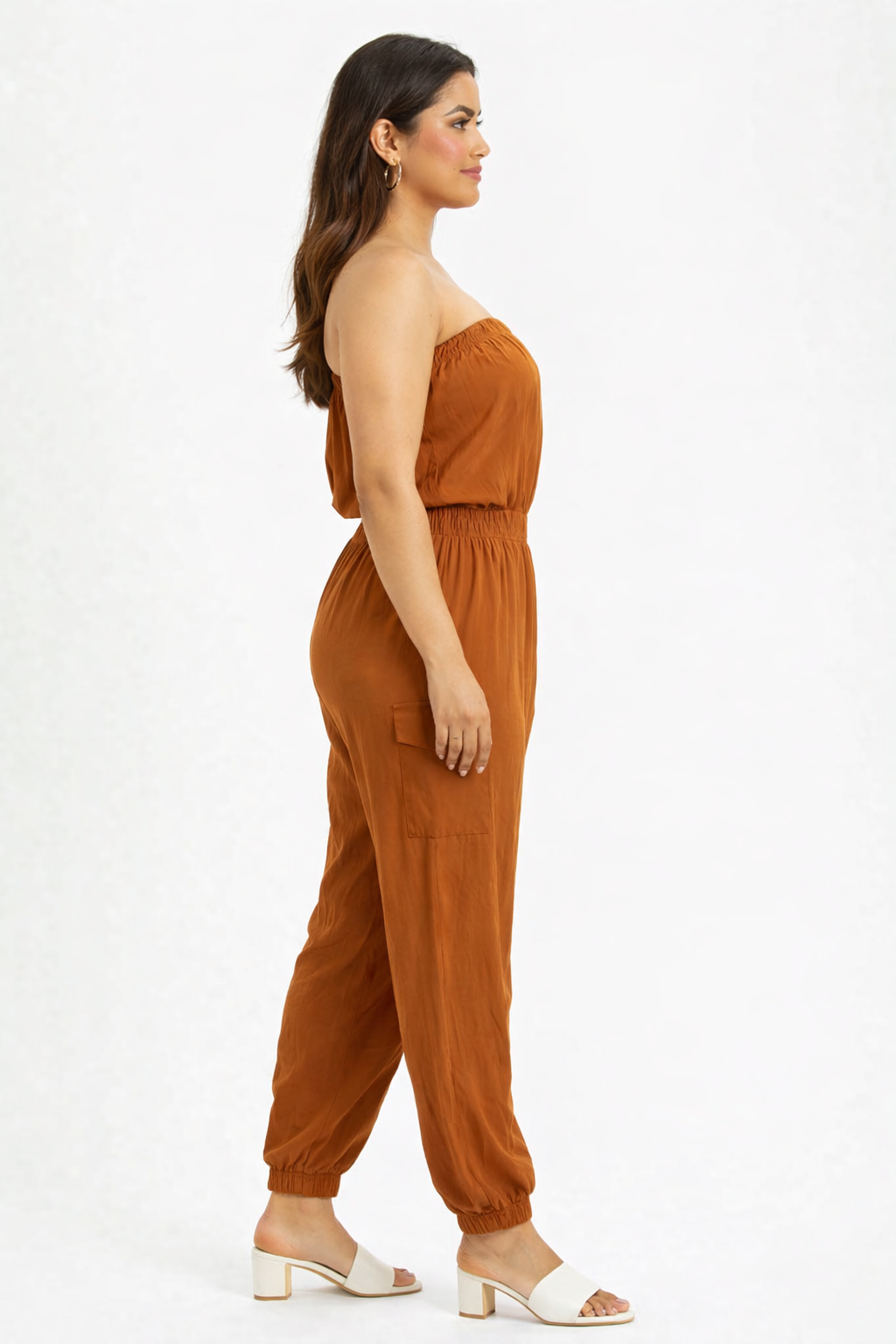 Solid Dark Brown Tube Jumpsuit | Strapless Elastic Waist Casual Full-Length Jumpsuit