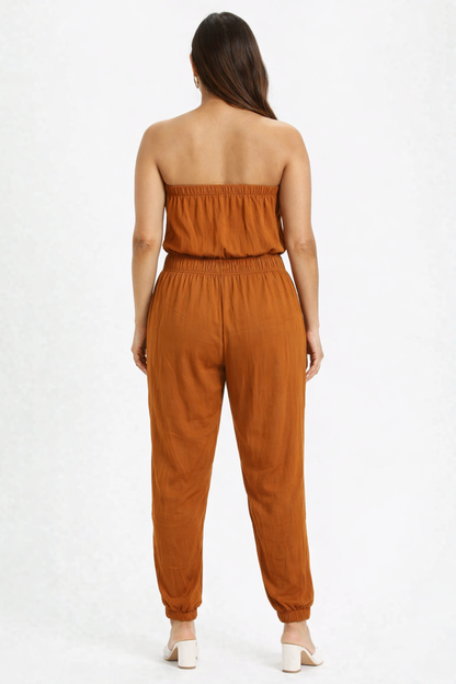 Solid Dark Brown Tube Jumpsuit | Strapless Elastic Waist Casual Full-Length Jumpsuit