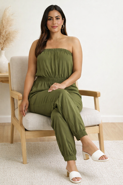 Solid Dark Green Tube Jumpsuit | Strapless Elastic Waist Casual Full-Length Jumpsuit