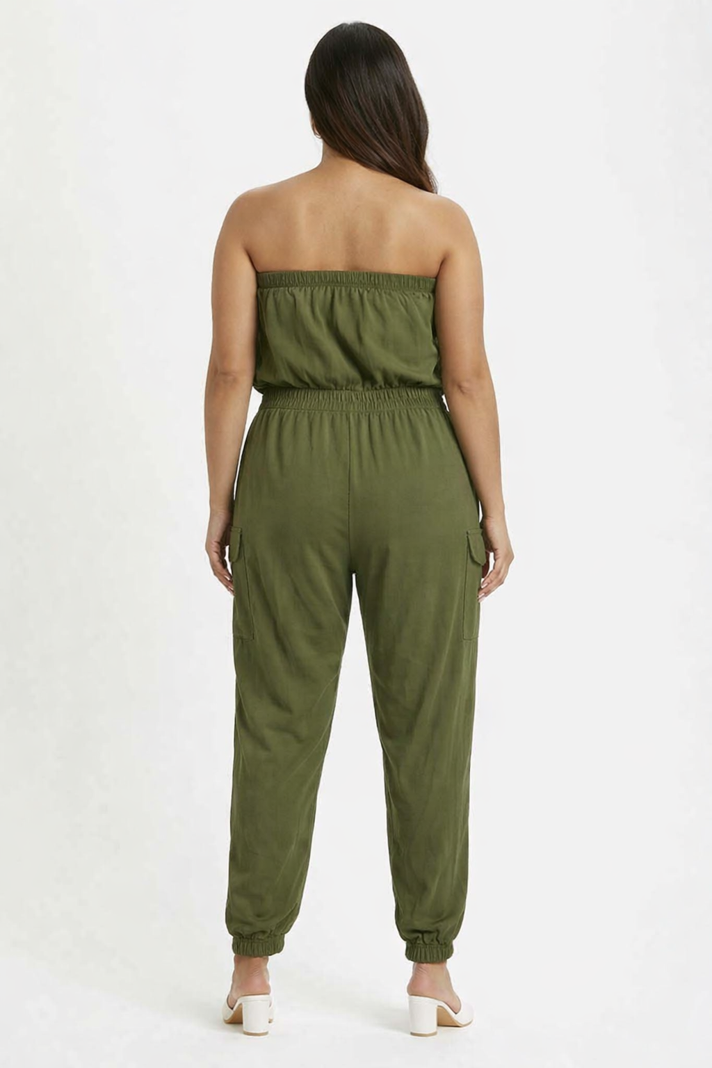 Solid Dark Green Tube Jumpsuit | Strapless Elastic Waist Casual Full-Length Jumpsuit