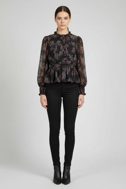 Polyester Black Floral Sheer Peplum Top