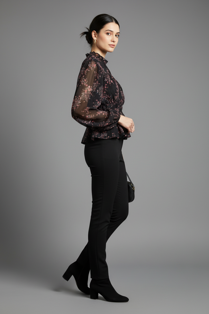 Polyester Black Floral Sheer Peplum Top