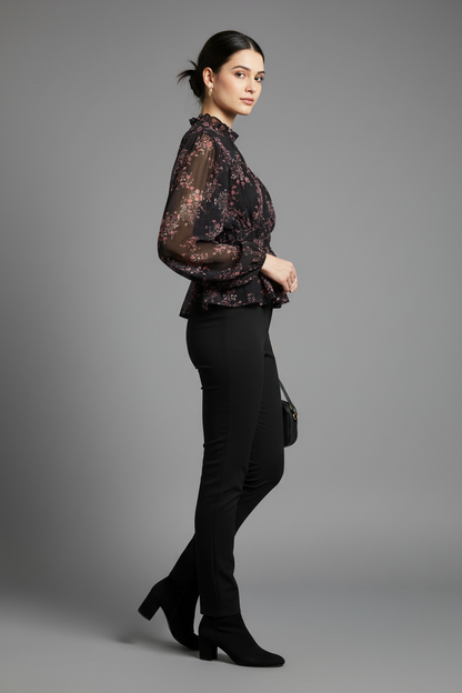Polyester Black Floral Sheer Peplum Top