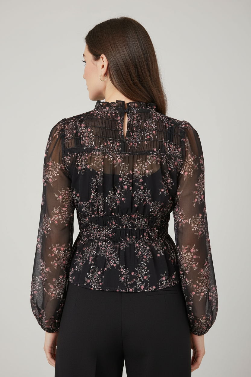 Polyester Black Floral Sheer Peplum Top