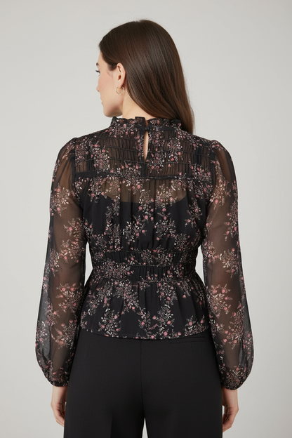 Polyester Black Floral Sheer Peplum Top