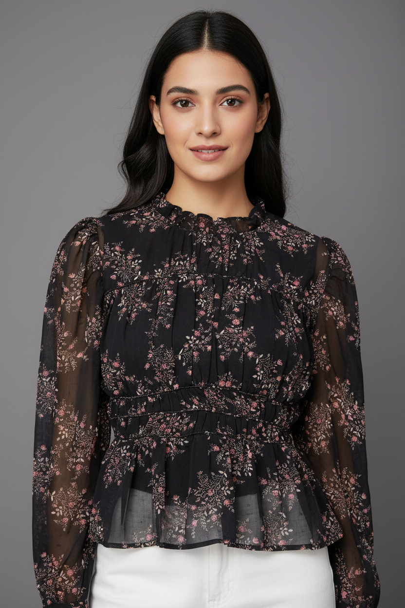 Polyester Black Floral Sheer Peplum Top