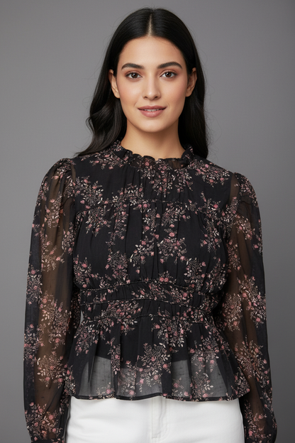 Polyester Black Floral Sheer Peplum Top
