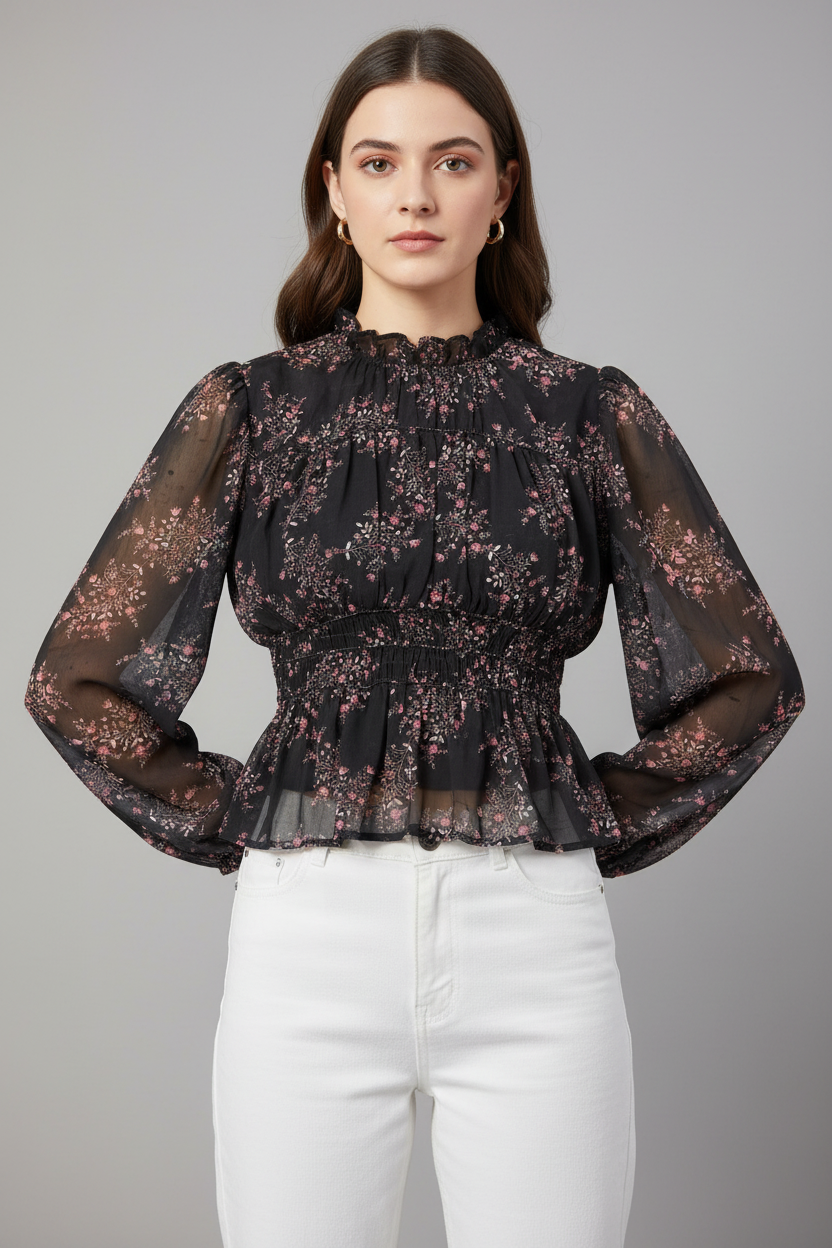 Polyester Black Floral Sheer Peplum Top