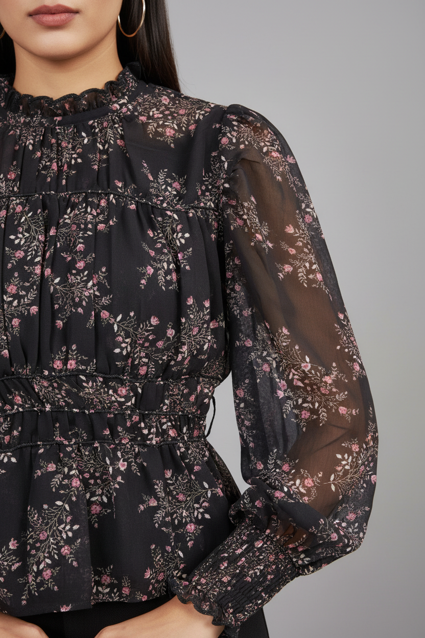 Polyester Black Floral Sheer Peplum Top