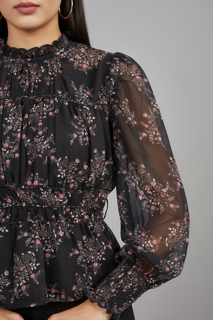 Polyester Black Floral Sheer Peplum Top