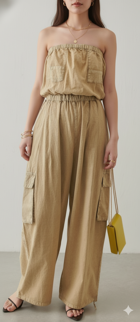 Cotton Brown Tube Cargo Jumpsuit