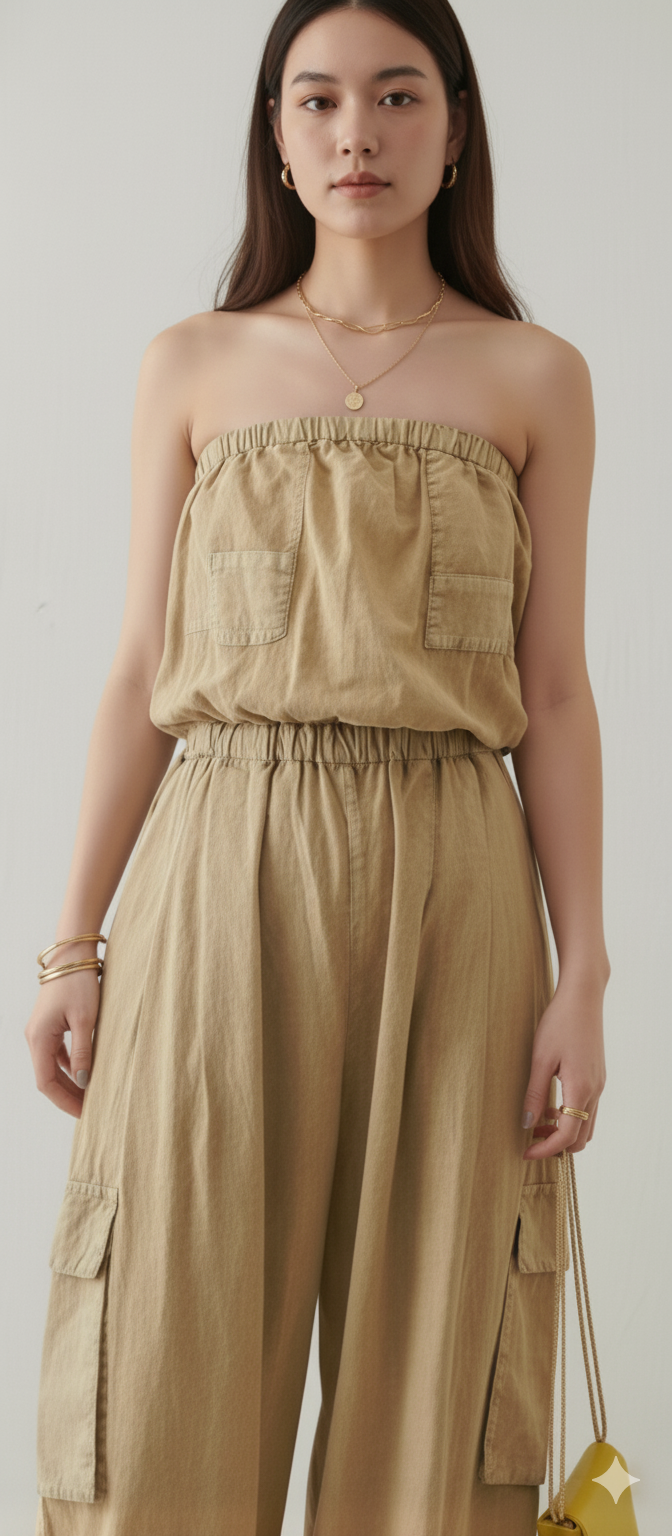Cotton Brown Tube Cargo Jumpsuit