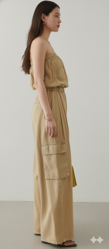 Cotton Brown Tube Cargo Jumpsuit