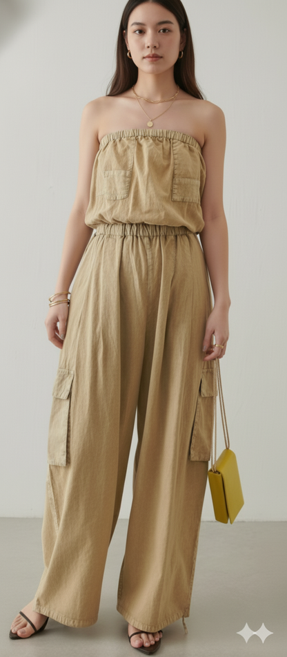 Cotton Brown Tube Cargo Jumpsuit