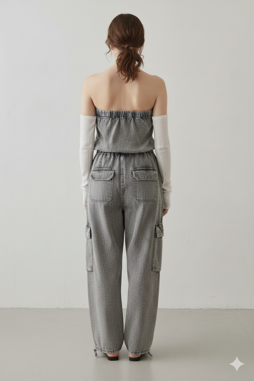 Cotton Grey Tube Cargo Jumpsuit