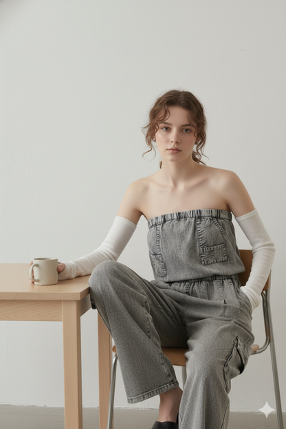 Cotton Grey Tube Cargo Jumpsuit