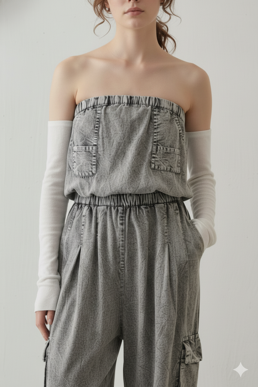 Cotton Grey Tube Cargo Jumpsuit