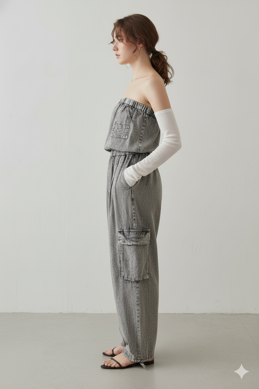 Cotton Grey Tube Cargo Jumpsuit