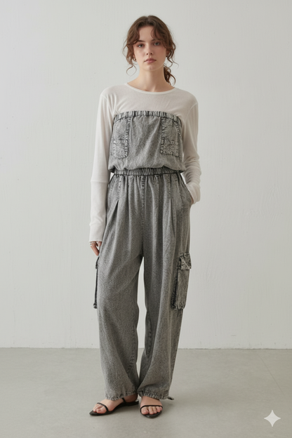 Cotton Grey Tube Cargo Jumpsuit