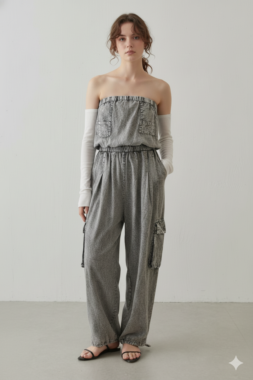 Cotton Grey Tube Cargo Jumpsuit