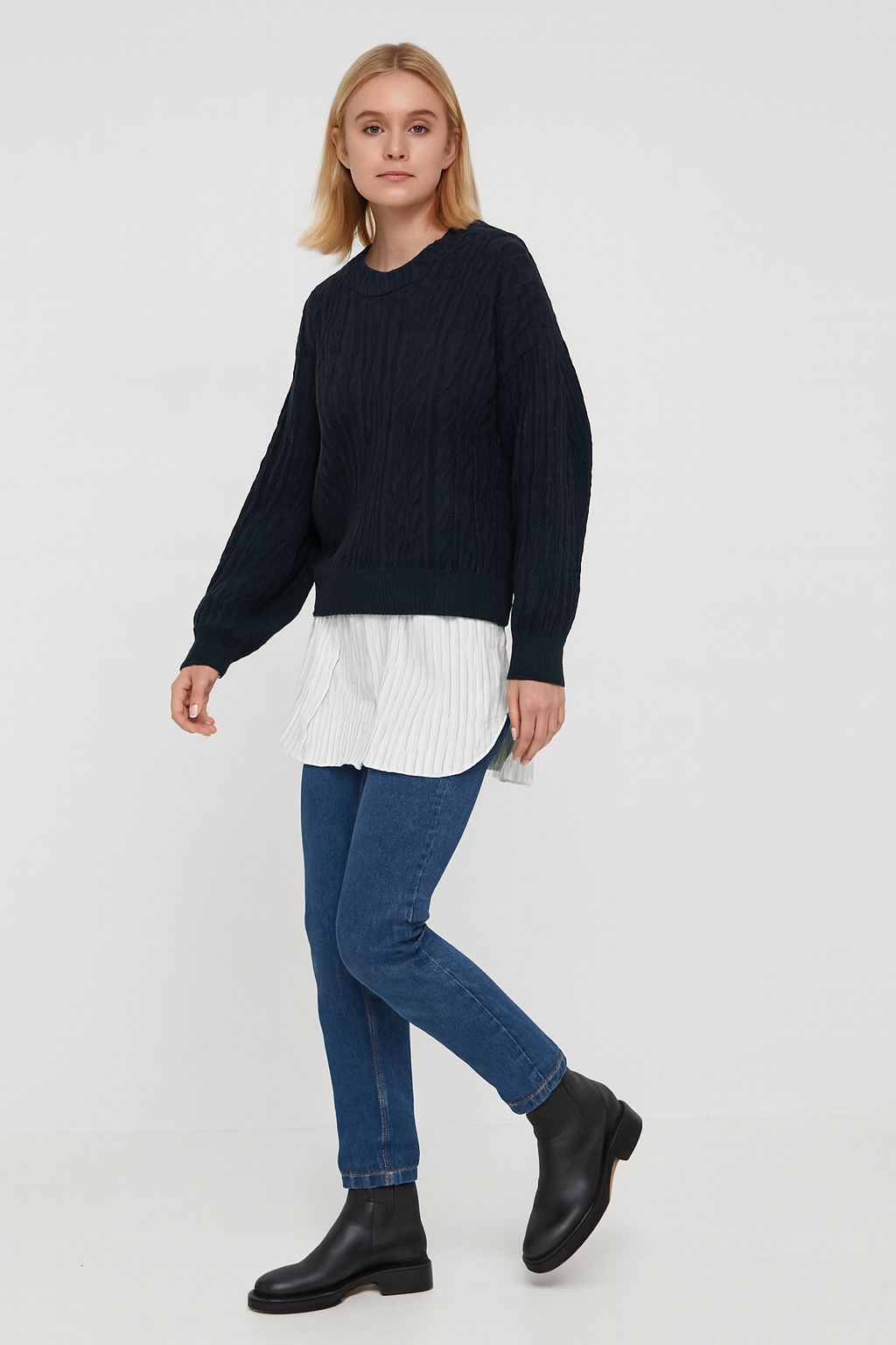 Dark Blue Acrylic Layered Cable-Knit Sweater