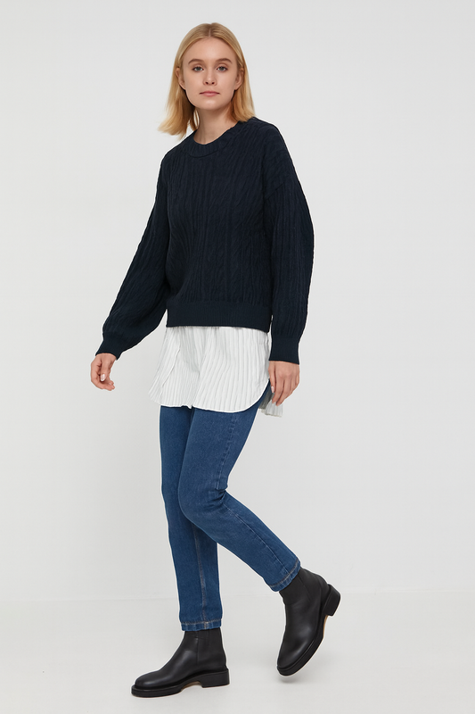 Dark Blue Acrylic Layered Cable-Knit Sweater