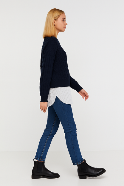 Dark Blue Acrylic Layered Cable-Knit Sweater