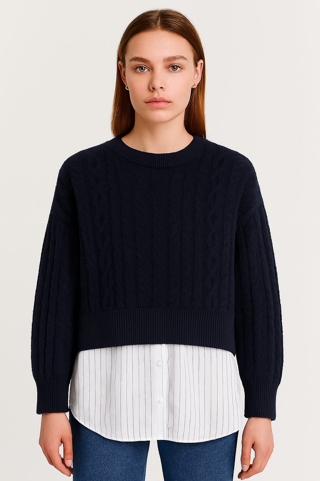Dark Blue Acrylic Layered Cable-Knit Sweater