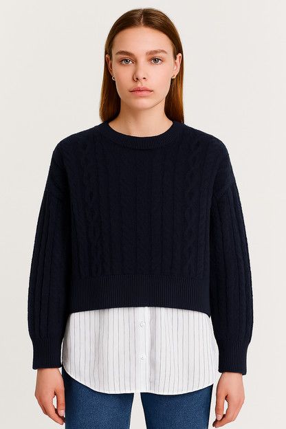 Dark Blue Acrylic Layered Cable-Knit Sweater