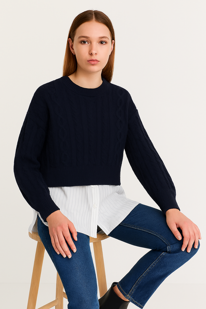 Dark Blue Acrylic Layered Cable-Knit Sweater