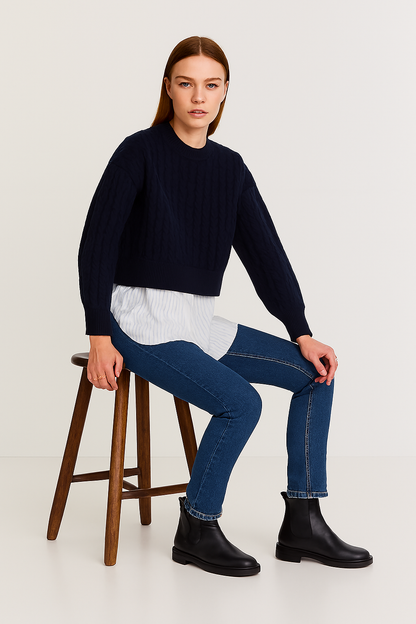 Dark Blue Acrylic Layered Cable-Knit Sweater