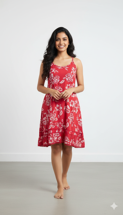 Cotton Red Floral Sling Dress with Pockets