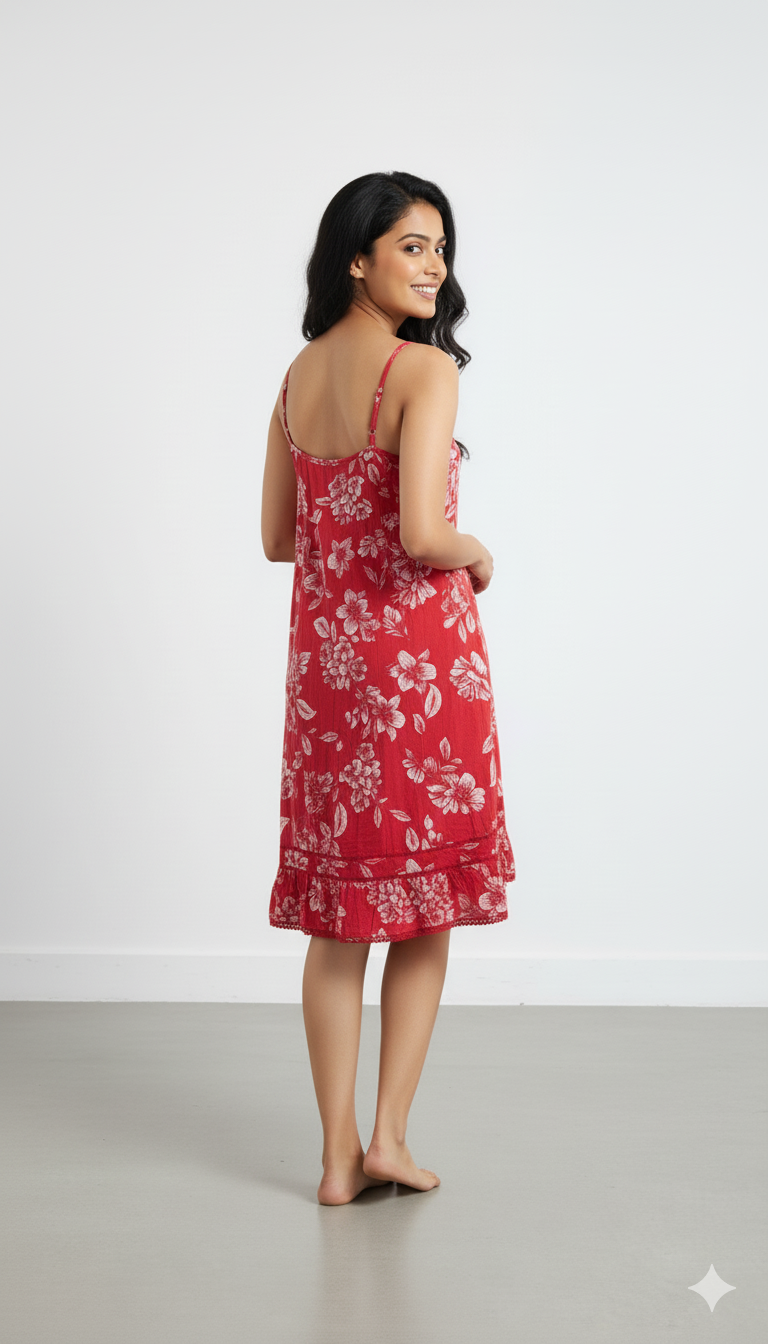 Cotton Red Floral Sling Dress with Pockets