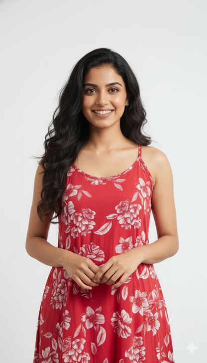 Cotton Red Floral Sling Dress with Pockets