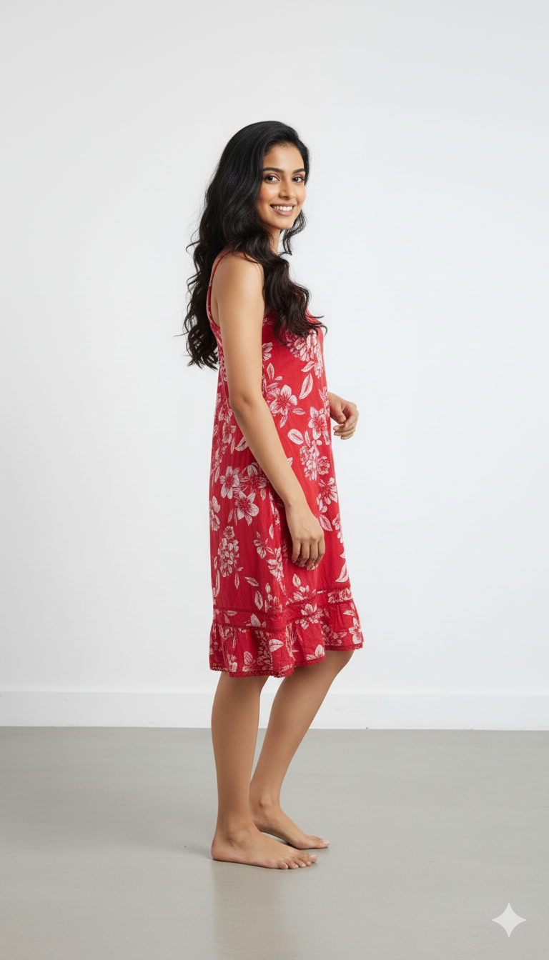 Cotton Red Floral Sling Dress with Pockets