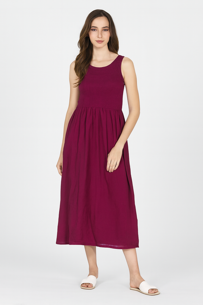 Viscose Maroon Breeze Stretchable Midi Dress