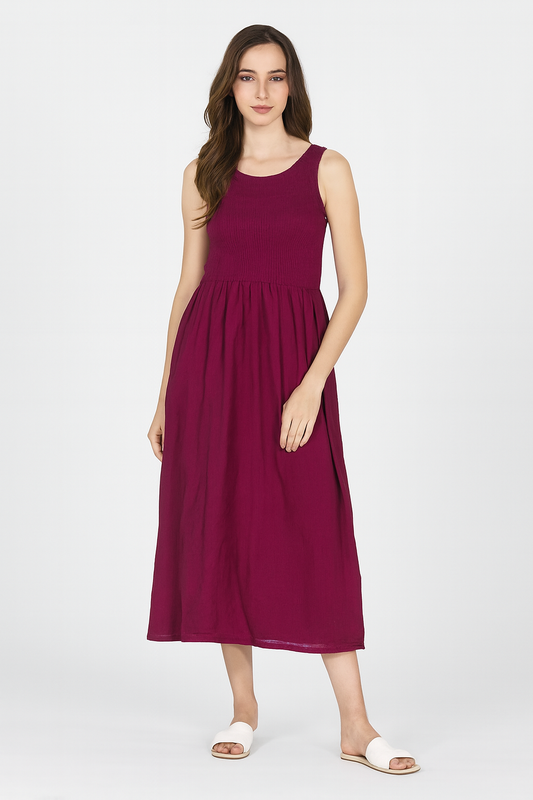Viscose Maroon Breeze Stretchable Midi Dress