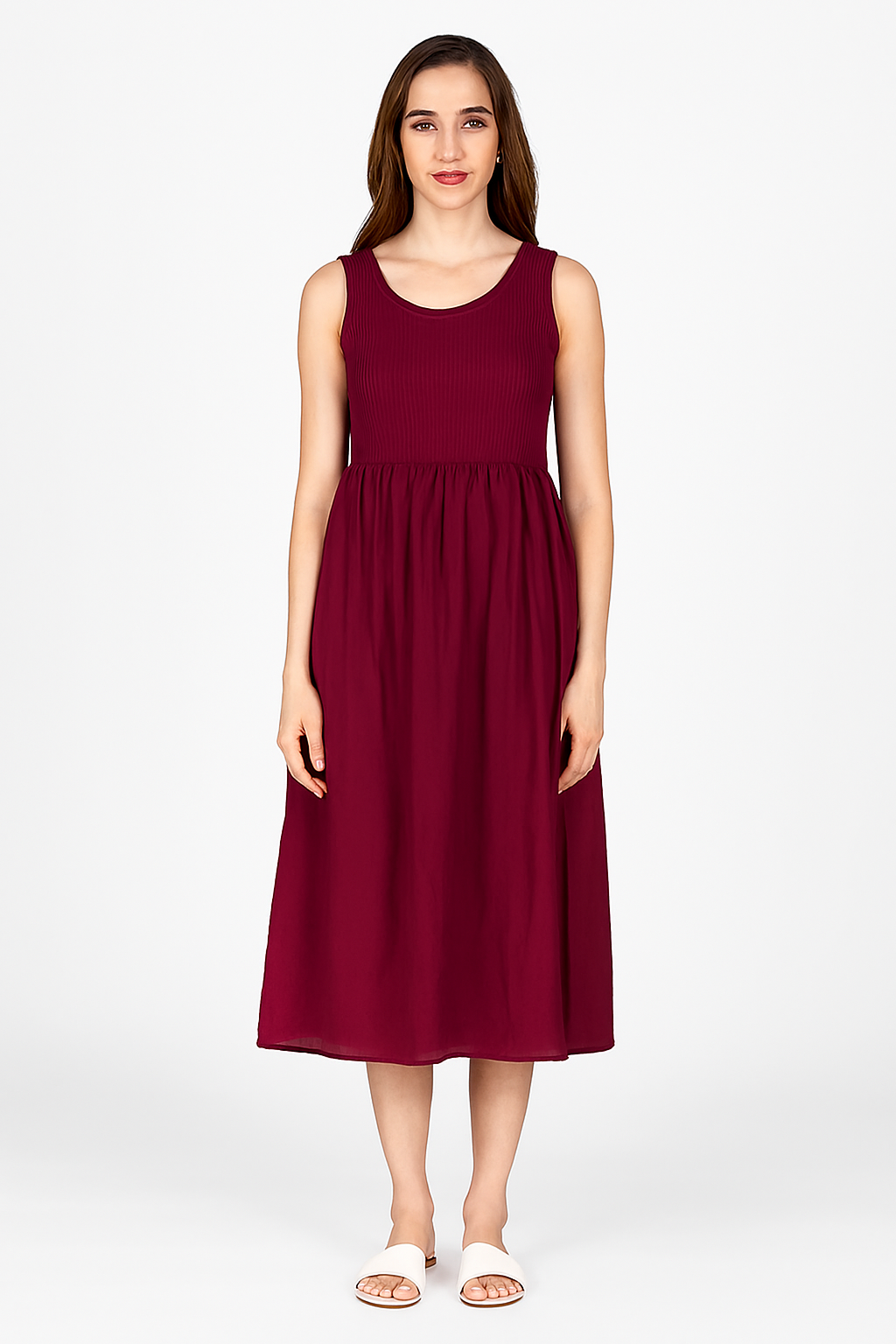 Viscose Maroon Breeze Stretchable Midi Dress