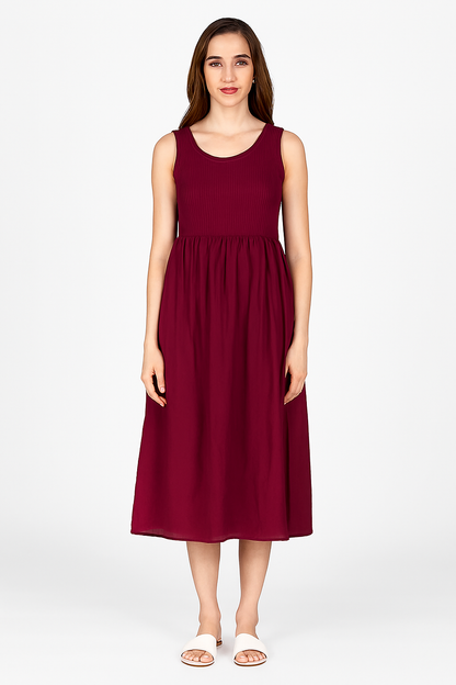 Viscose Maroon Breeze Stretchable Midi Dress